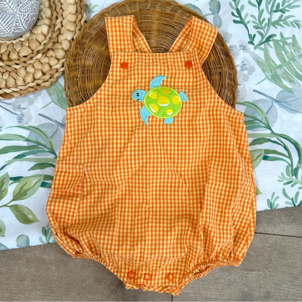 Vintage Baby Boy Jon Jon Gingham Romper Turtle Front Patch by Small Steps